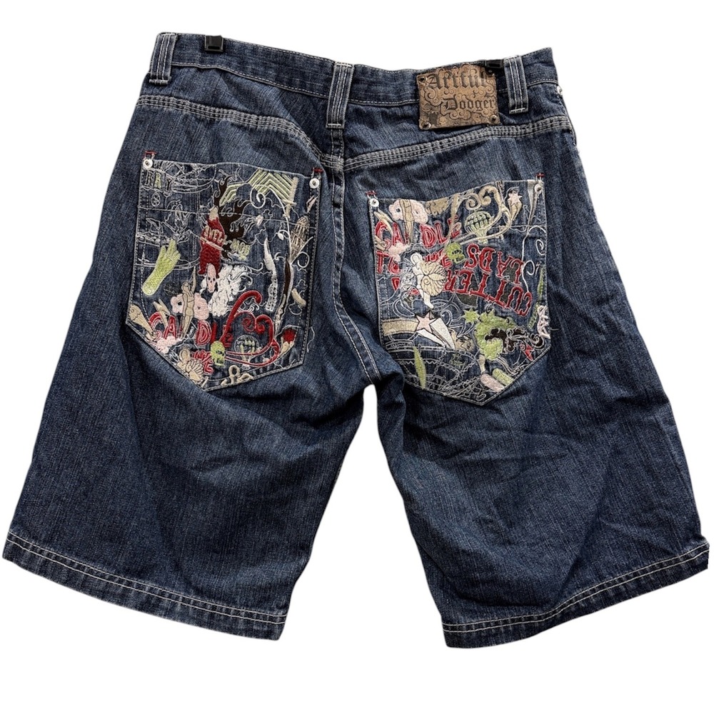 Artful Dodger Denim Shorts Mens 32 Blue Embroidered Graphic Pockets